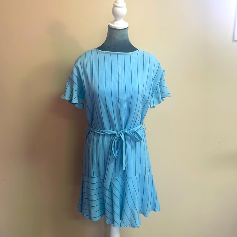She + Sky light blue with black stripes dress with belt tie Size Large